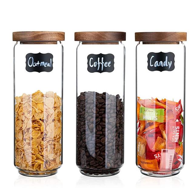 Homtop Glass Storage Jars with Wooden Lid Set of 3, 44 OZ High Borosilicate Glass Containers Kitchen Food Canisters s for Coffee Beans/Sugar/Noodles/Nuts/Cookies/Pasta
