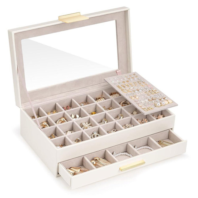 Lolalet Earring Storage Box Case, Large Earring Jewelry Holder Organizer for Women, Glass Top Display, with Drawer and Grid -2 Tiers，White