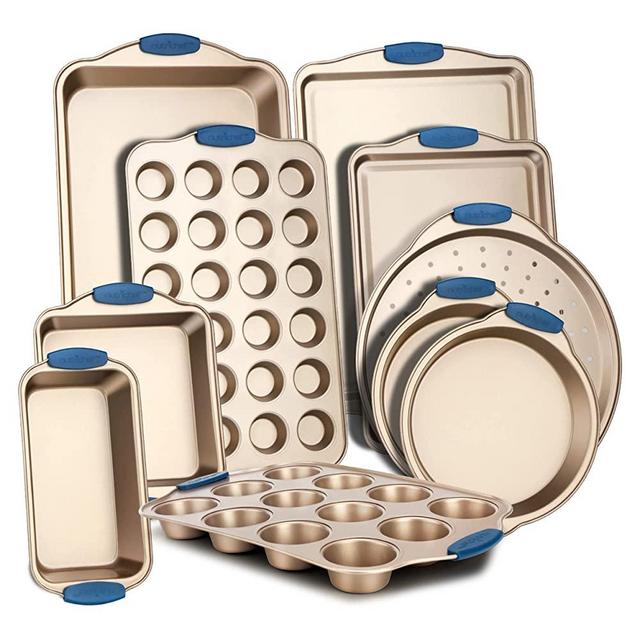 10-Piece Nonstick Bakeware Set - PFOA, PFOS, PTFE-Free Carbon Steel Baking Trays w/ Heatsafe Blue Silicone Handles, Oven Safe Up to 450°F, Pizza Loaf Muffin Round/Square Pans, Cookie Sheets