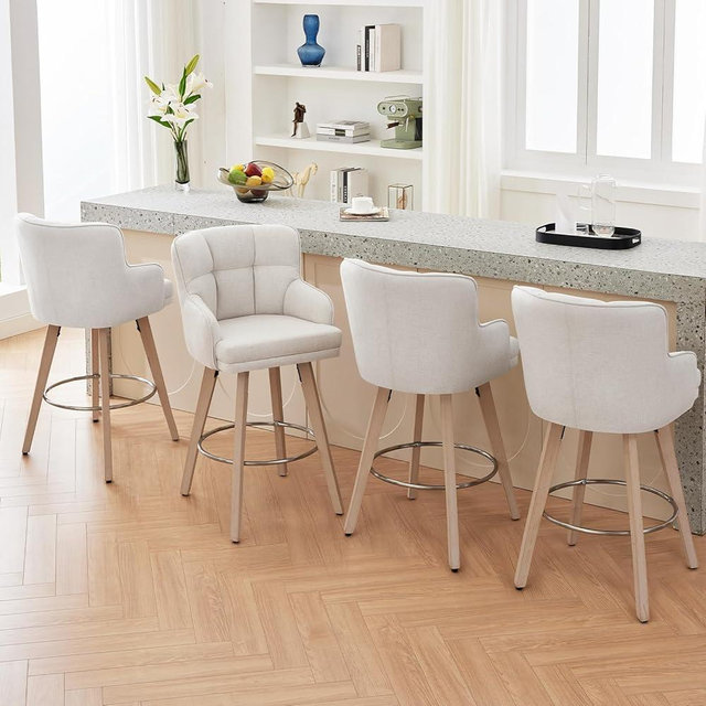 SAECKBERG 360°Swivel Counter Height Bar Stools with Back, 30 inch Solid Wood Legs, Bar Stool Modern Kitchen Island Chairs, Fabric (Beige- Fabric, 30" H- Set of 4)