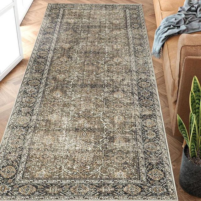 PureCozy Brown Runner Rug 2x7 Vintage Area Rug Hallway Indoor Kitchen Washable Living Room Carpet Tribal Distressed Rug Retro Accent Throw Rug for Office Dining Room Bathroom
