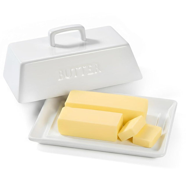 Kook Ceramic Extra Large Butter Dish with Lid, Holds 2 Sticks, Fits East Coast , West Coast, European style and Kerrygold butter, Kitchen Countertop Butter Keeper, Serving Tray with Cover, White