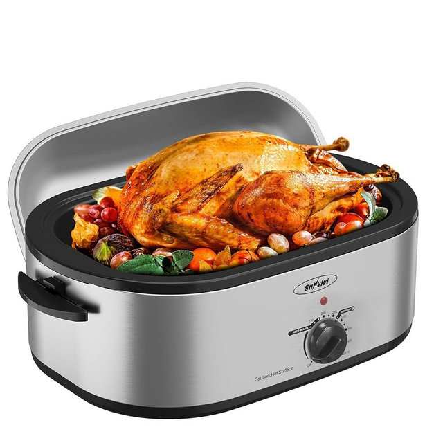 22-Quart Electric Roaster Oven with Removable Pan and Self-Basting Lid, Perfect for Turkey Roasting with Temperature Control from 150 to 450°F and Cool-Touch Handles，Silver