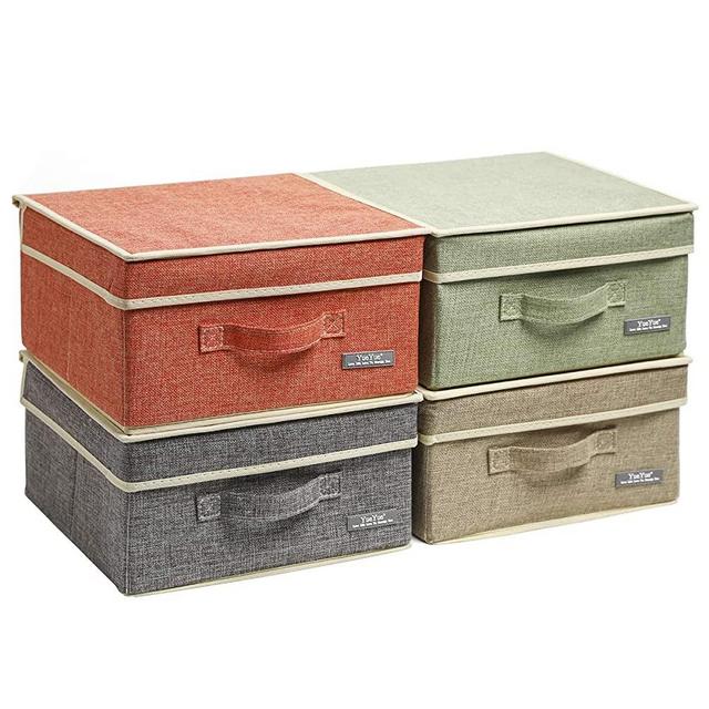 YueYue Small 4 Pack Fabric Stroage Box with Lids, Linen Foldable Stroage Box with lids 4 Color Set 12.4in/12in/6.7in