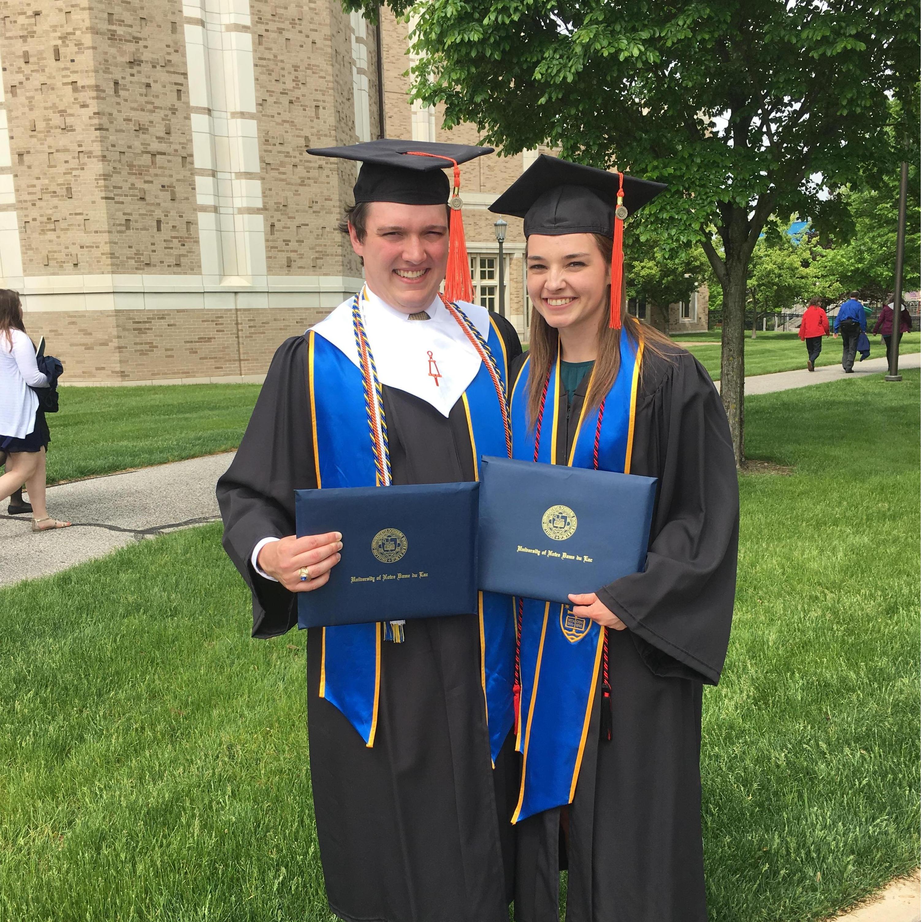 We both graduated with Chemical Engineering degrees from The University of Notre Dame as part of the Class of 2018.