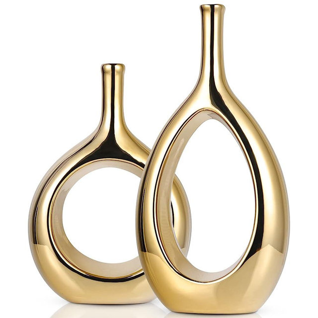 Modern Glossy Gold Ceramic Vase Set - 2 Small Vases, Luxurious Home Decor Gold, Great for Gold Centerpieces; Ideal Shelf Décor, Table Décor, Bookshelf, Mantle, Entryway
