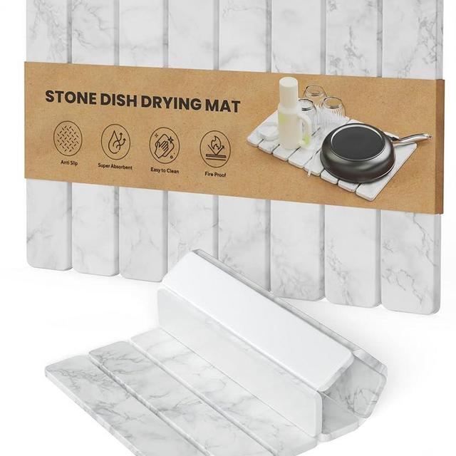 CHROME CLUB Stone Dish Drying Mat for Kitchen Counter - Collapsible Diatomaceous Earth Dish Drying Stone - Fast Absorbent Stone Drying Mat for Dishes, Pots, Plants (White Marble)