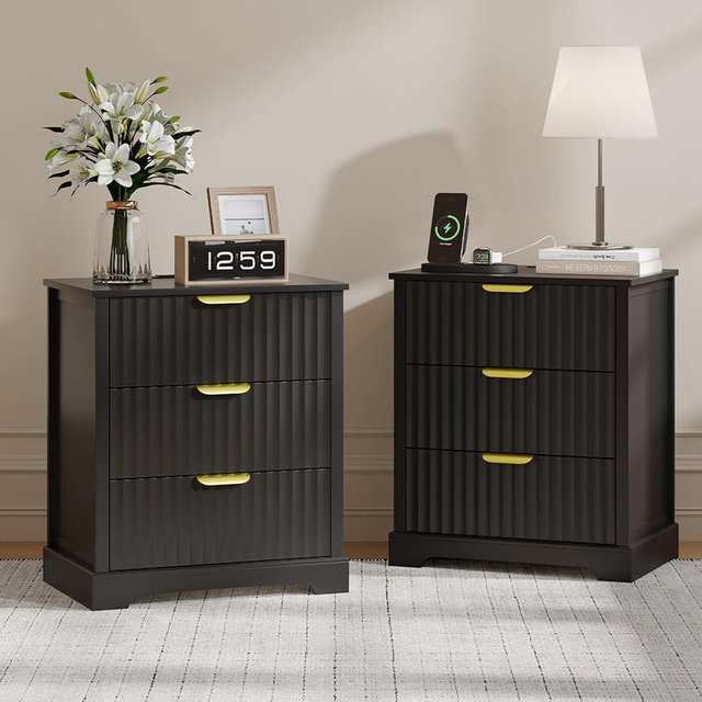 ProsperHaven Fluted Nightstand with Charging Station Set of 2, Modern Night Stands with 3 Drawers, Large Bedside Tables for Bedroom, Black