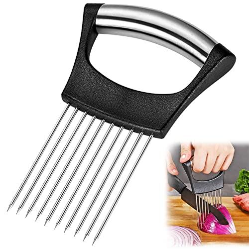 Onion Holder Slicer- Food Slice Assistant, Stainless Steel Holder Cutting Slicing toolTen Prongs Vegetable Chopper Seasoning & Spice Tools，Kitchen Gadget Meat Slicer