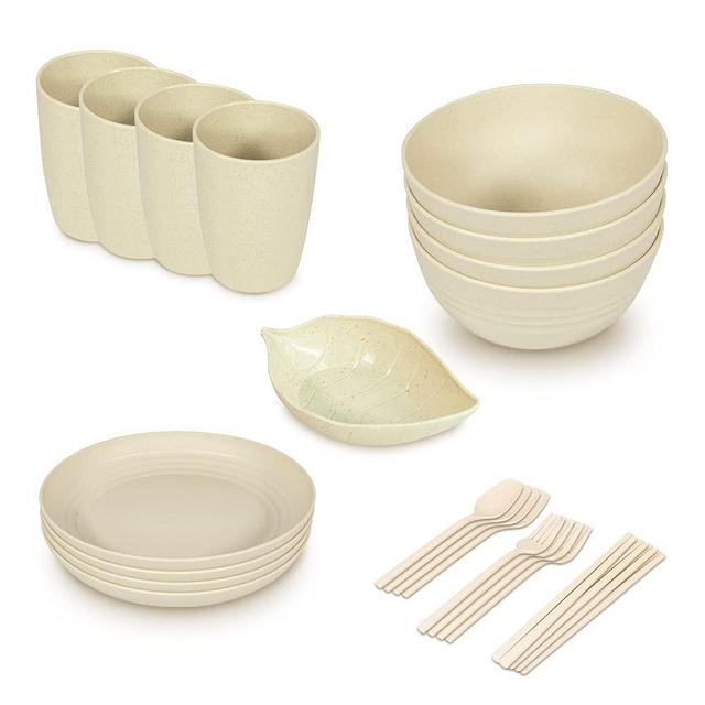 25PCS Plates and Bowls Sets for 4 Beige, Wheat Straw Dinnerware Sets, Unbreakable Dinnerware, Green Dinnerware Set, Microwave And Dishwasher Safe Non Breakable Dinnerware, Rv Plates Cups and Bowls Set