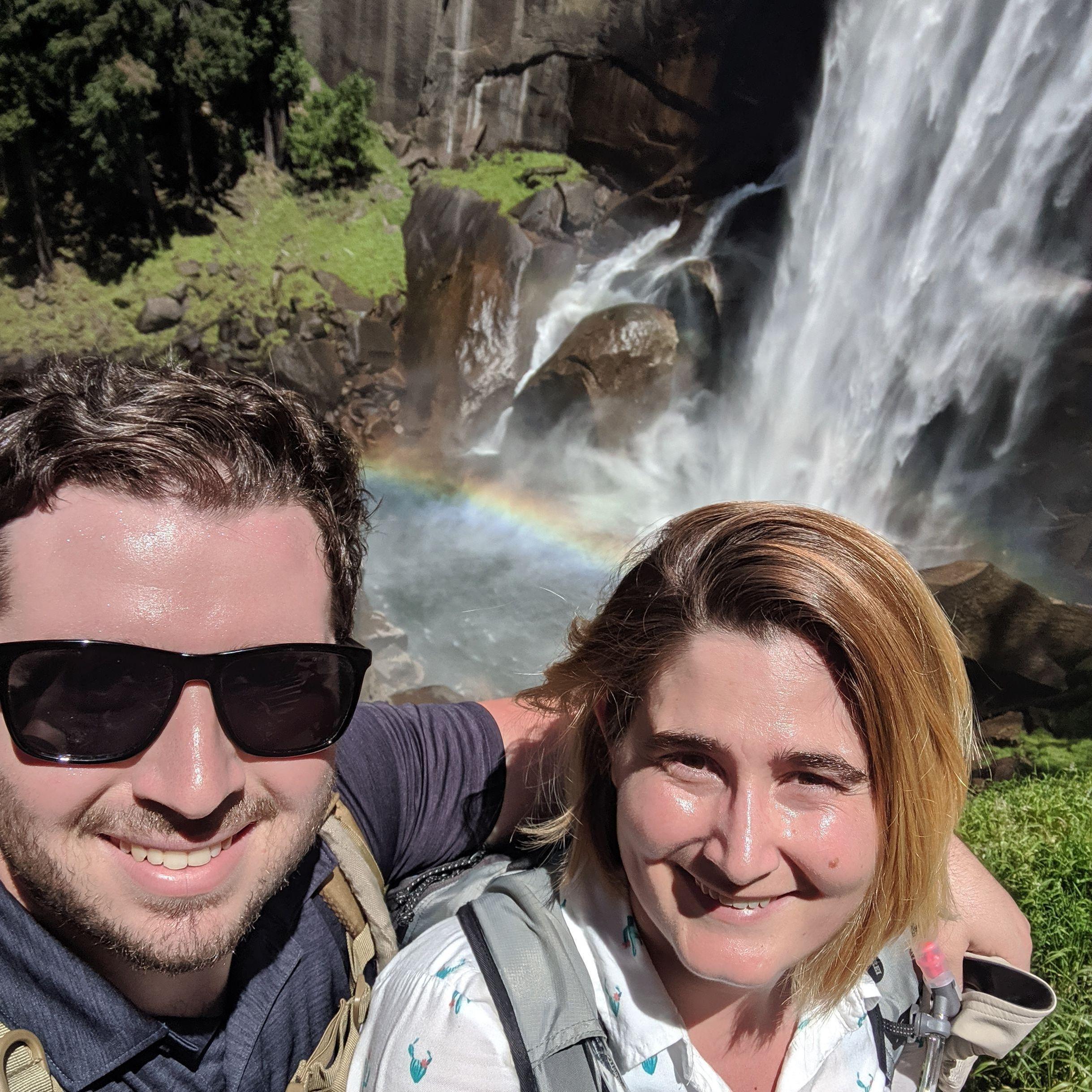 On the Mist Trail with a beautifully full Vernal Falls behind us (2019).