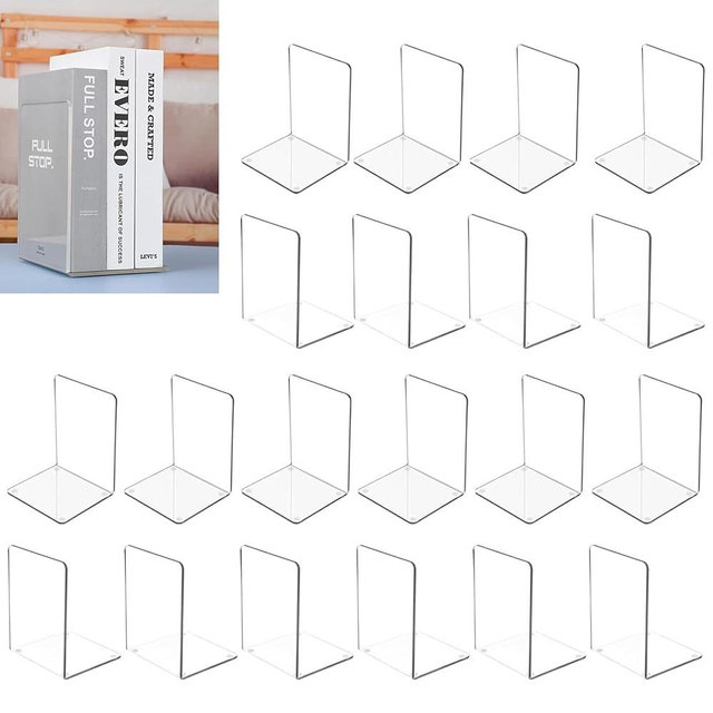 MerryNine Acrylic Book Ends 20pcs for Shelves, Clear Bookends for Shelves, Book end Organizer, Book Holder Stand Decorative, Book Stoppers for Heavy Duty Books (7.08"x4.72"_10 Pairs)