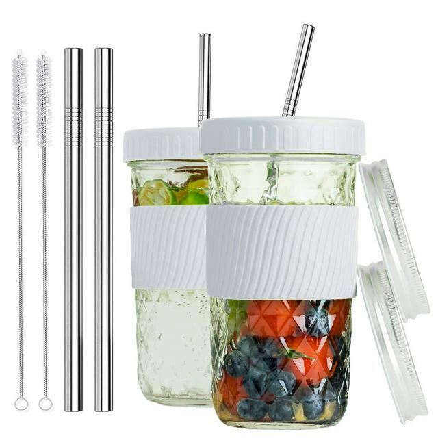 Reusable Smoothie Cups Boba Tea Cups with Lid and Straw,Bubble Tea Cup Glass Tumbler Travel Mug, Wide Mouth Mason Jar Cups (2-pack, 22 oz)(White)