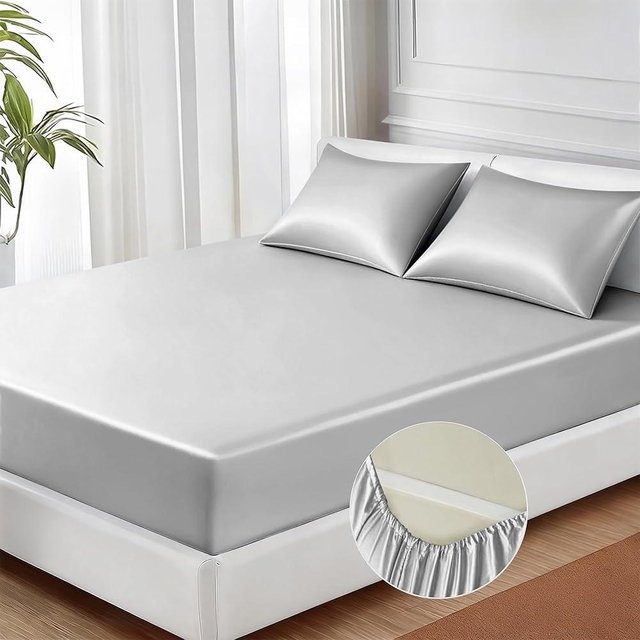 MR&HM Satin Fitted Sheet Queen Size, Silky Bottom Sheet with Elastic Corner Straps, Deep Pocket up to 15 Inch, No More Slipping Off for Mattress - 1 Fitted Sheet Only (Silver Grey)