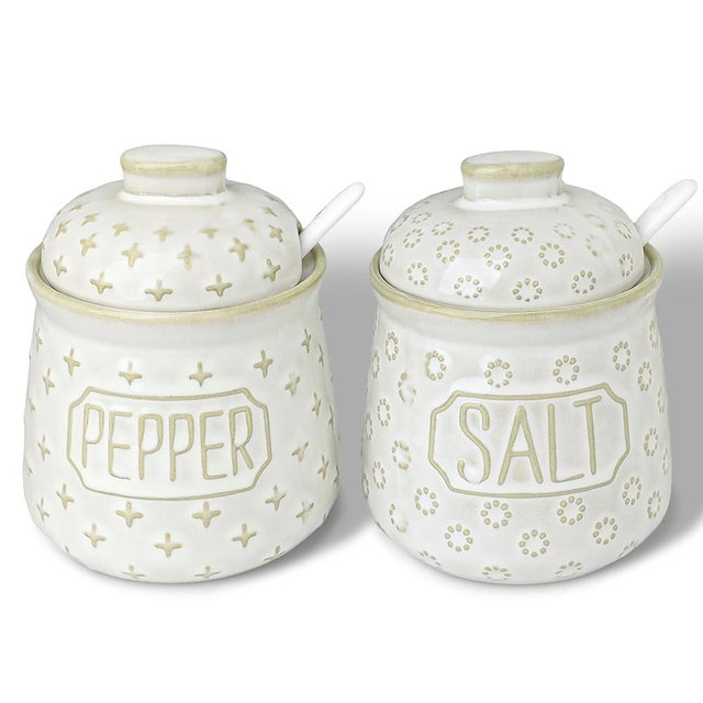 GDCZ 10 Oz Ceramic Salt and Pepper Bowls Set with Lid and Spoons, Seasoning Container, Dishwasher Safe, Set of 2 (White)