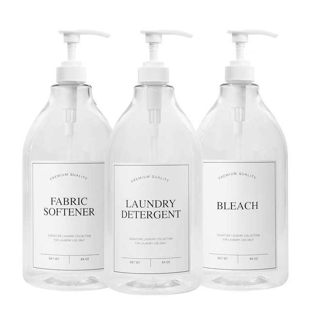 Calindiana Modern Farmhouse Liquid Laundry Detergent Bleach and Fabric Softener Dispenser for Laundry Room Decor and Organization, PET Plastic Soap Containers, Water Resistant Labels, 64 Oz Set of 3