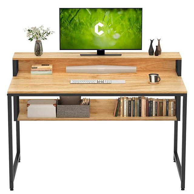 Cubiker Computer Home Office Desk, 47" Small Desk Table with Storage Shelf and Bookshelf, Study Writing Table Modern Simple Style Space Saving Design, Natural