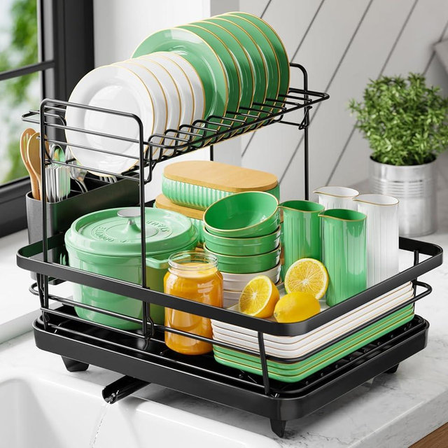 Kitsure Dish Drying Rack for Kitchen Counter, Stainless Steel Sink Organization and Storage Essentials with Cutlery Holder, Home and Appartment Decor, 12''W x 15.5''L, 2-Tiers, Black