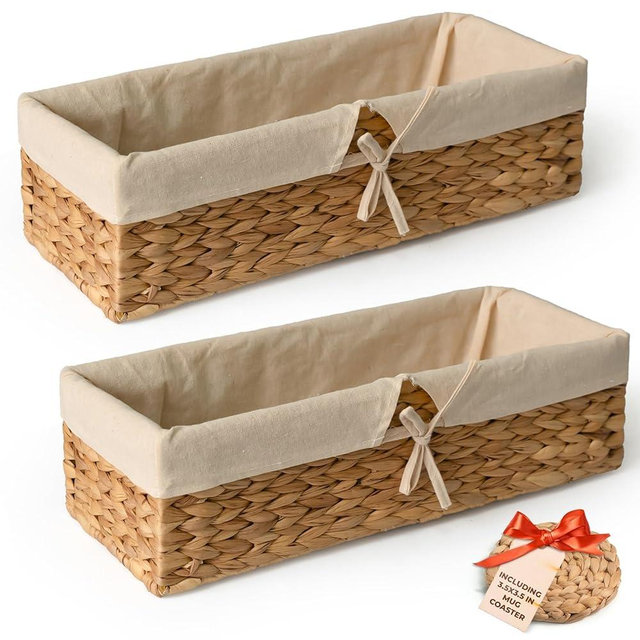 KOKODO Pack of 2 Water Hyacinth Tank Topper Storage Baskets - Woven Wicker Basket for Toilet Paper Holder, Baskets for Vanity, Bathroom, Pantry Organizing, or Coffee Table Decor