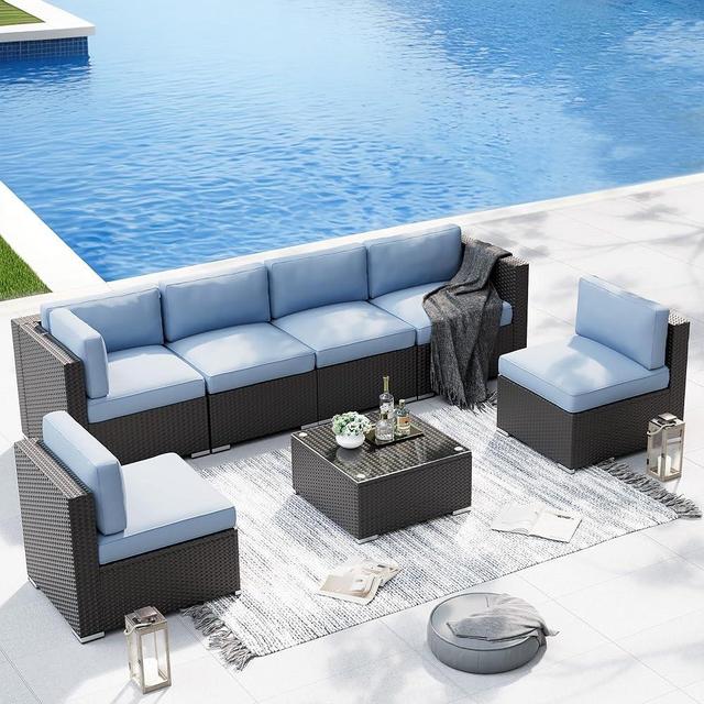 SUNCROWN 7-Piece Outdoor Patio Furniture Sofa Set All-Weather Wicker Sectional Conversation Set with Modern Glass Coffee Table and Cushions（Light Blue）