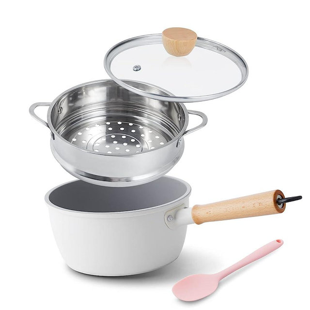 ROCKURWOK Ceramic Nonstick Sauce Pan with Lid, 2.2 Quart Cooking Pot, Small Saucepan with Steamer, PTFE & PFAS-Free, Wooden Handle for Cool Touch, Universal Base(Gas, Electric & Induction), White