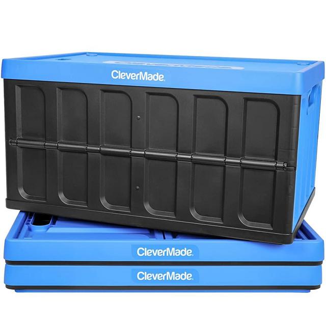 CleverMade - 8034119-21843PK 62L Collapsible Storage Bins with Lids - Folding Plastic Stackable Utility Crates, Solid Wall CleverCrates, 3 Pack, Neptune Blue