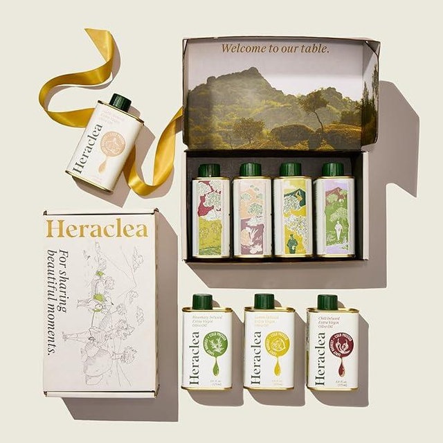 Heraclea Extra Virgin Olive Oil, Organic Olive Oil, Extra Virgin, Cold Pressed, Polyphenol Rich Olive Oil, Aegean Flavors Gift Box, Infused Olive Oils Gift Set, Four 5.9oz Bottles