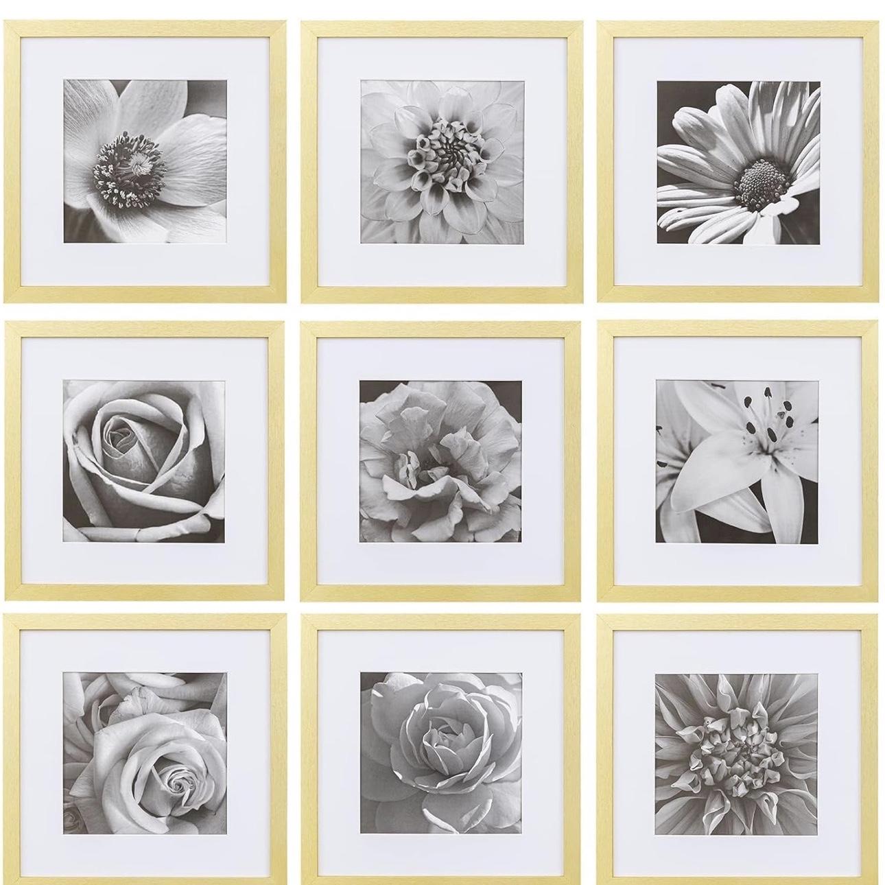 GOLD eletecpro 12x12 Picture Frames Set of 9 Classic Gallery Wall Frame Set Displays 8x8 Photo with Mat or 12x12 No Mat, Square Picture Frames Collage Wall Decor, Modern Gold Home Decor
