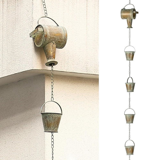 Jemeni 8.5Ft Length Iron Watering Can & Buckers Rain Chain, Replacement Downspout for Gutters Outside