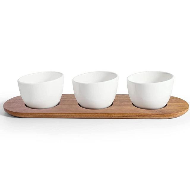 Wareland 12oz Chip and Dip Serving Set with Acacia Wooden Tray, White Glazed Ceramic Dipping Bowls, Serving Dishes for Entertaining, Small Serving Bowls for Side Dishes, Salsa, Appetizers, Condiments