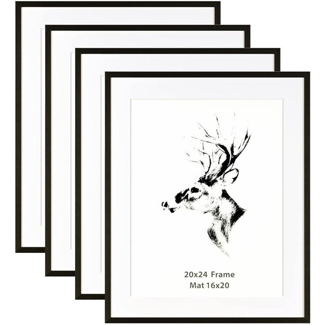 Yaetm 20x24 Black Picture Frame with Mat for 16x20 Set of 4, Solid Wood Poster Frame 20 x 24 inches, Wall Gallery Photo Frames for Horizontal and Vertical Wall Mounted (4 pack, Anthracite Black)