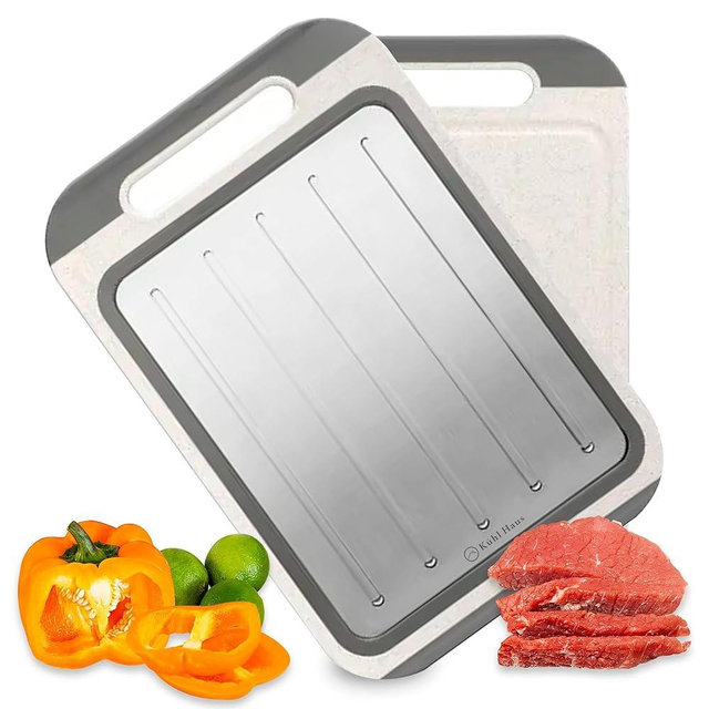 Double Sided Cutting Board - 2-Sided Chopping Boards for Kitchen - Versatile Wheat Straw PP, Stainless Steel Cutting Board for Meat, Fruit, Vegetables - Easy Cleaning Food-Safe BPA-Free - 9.8"x14.5"