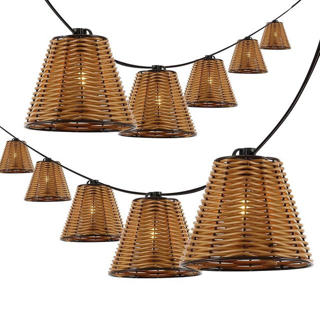 JONATHAN Y JYL8706A Payton 10-Light Indoor/Outdoor 10 ft. Classic Cottage Faux-Rattan Shaded LED String Lights, Brown for Patio, Porch, Backyard, Café