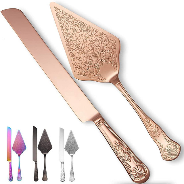 ORBLUE Cake Knife and Server Set - Stainless Steel Serving Utensils for Wedding, Party - Rose Gold