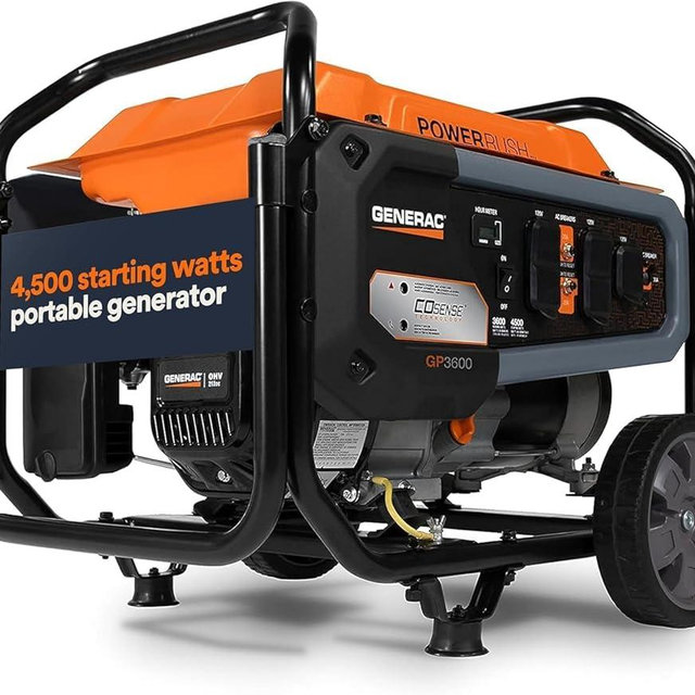 Generac 4,500 Starting Watt Portable Gas Generator, PowerRush Technology for 40% More Starting Capacity, COsense Carbon Monoxide Detection, Heavy Duty Steel Frame with Never-Flat Wheels, 49-State