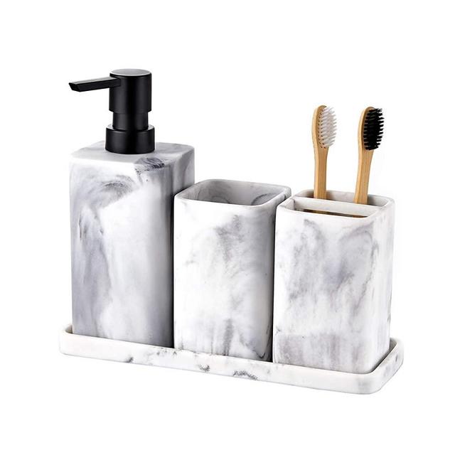 ZCCZ Bathroom Accessory Sets, 4 Pieces Bathroom Accessories Complete Set Vanity Countertop Accessory Set with Marble Look, Includes Lotion Dispenser Soap Pump, Tumbler, Toothbrush Holder and Tray