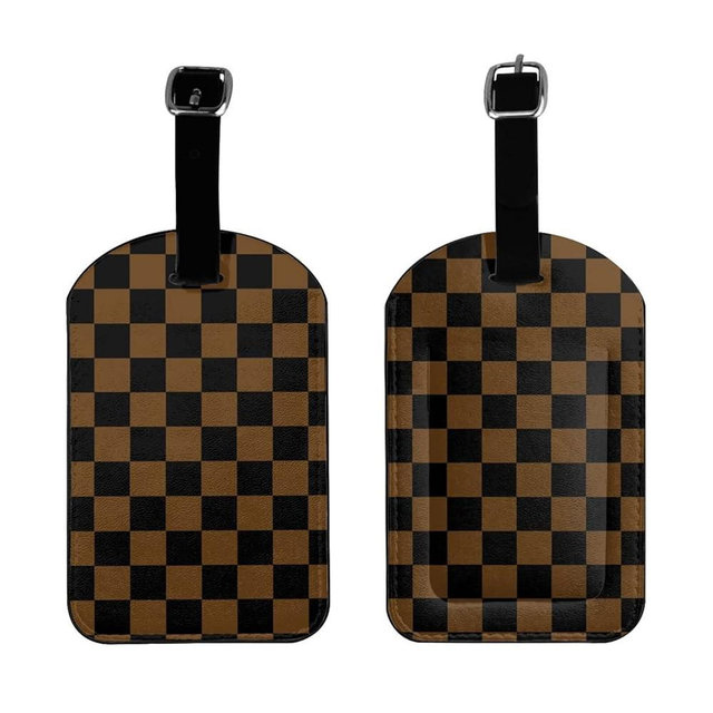 2PCS Luggage Tag for Suitcases Brown Black Checkered Leather Travel Luggage Tags Privacy Cover Id Label Suitcase Tags Travel Accessories for Adult Kids