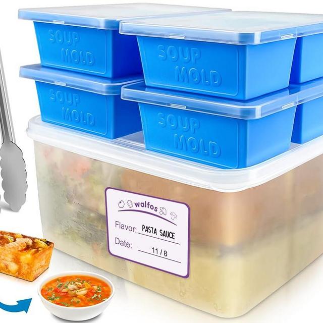 Walfos 1 Cup Silicone Freezer Tray with Lid,Soup Freezer Molds 4 Packs,Bin and Tongs,BPA Free Silicone Freezing Container,Perfect For Storing and Freezing Soup,Broth,Sauce,with 12 Removable Labels