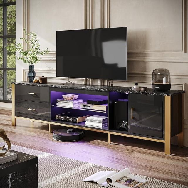 Bestier TV Stand for 75/80/85 inch TV, LED Gaming Entertainment Center, Modern TV Cabinet with Glass Shelves for Living Room, 2 Storage Drawers & Cabinets for Bedroom, Black Glossy