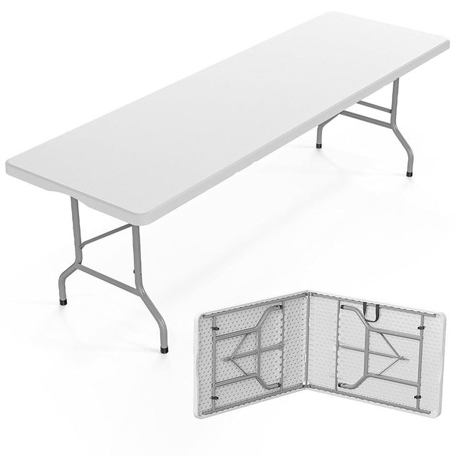 Bonnlo Folding Table 8ft, Portable Collapsible Plastic White Long Tables for Party, Camping, Banquet, Craft, Dining, Wedding, Outdoor and Indoor Use