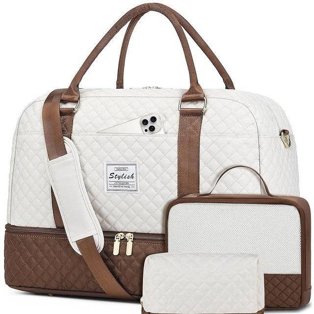 Travel Duffle Bag Weekender for Women: Travel Duffel Bag Carry-On Overnight Bag with Shoe Compartment & Wet Pocket Large Weekend Tote Bag Gym Duffel Bag for Hospital Beige Brown