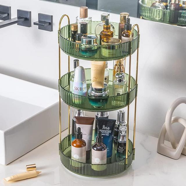 360° Rotating Makeup Organizer, Bathroom Makeup Carousel Spinning Holder Rack, Large Capacity Cosmetics Storage Box Vanity Shelf Countertop, Fits Cosmetic, Perfume, Lotions Skin Care, Makeup Brushes, Lipsticks(3 Tiers, Green)