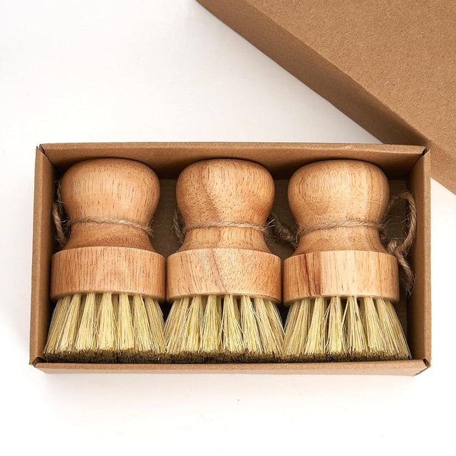 Diahom Bamboo Dish Brush Scrubber 3 Pack for Cleaning Pot Pans Hanging Rope Kitchen Dishwashing