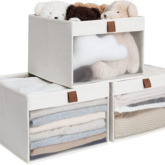 StorageWorks Closet Storage Bins with Clear Window and 2 Handles, Foldable Clothing Bins for Shelves, Large Fabric Organizer, Beige, 3 Pack, 12 ½" L x 13" W x 9" H