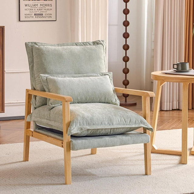 VINGLI Mid-Century Modern Cloud Accent Armchair with Lumbar Pillow, 6.3'' Thick Seat Cushion Comfy Reading Chair with Wooden Armrests，Boho Lounge Chair for Bedroom, Living Room, Chenille, Sage Green