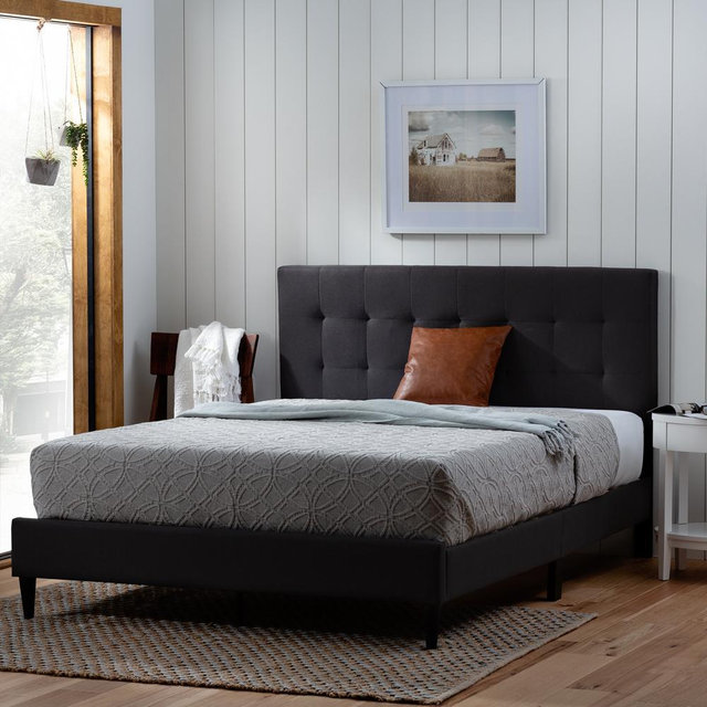 Tara Black Charcoal King Square Tufted Upholstered Platform Bed