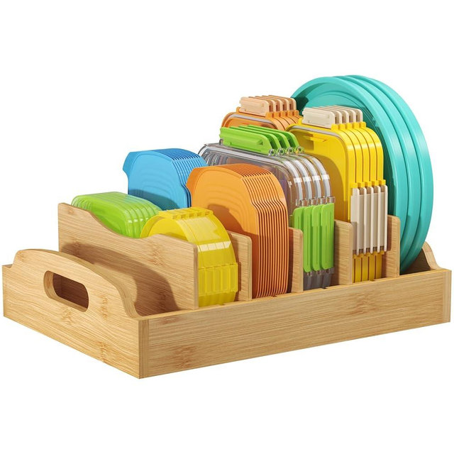Lifewit Bamboo Lid Organizers for Inside Cabinet, Food Storage Container Lid Holder with 5 adjustable Inserts & 6 Compartments, Lid Storage for Kitchen Pantry Organization, 13.2" X 10"