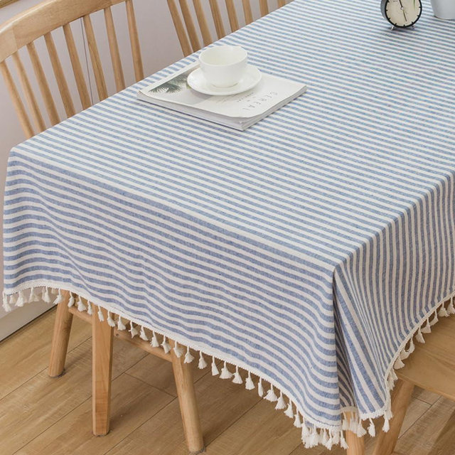 TruDelve Cotton Blend Tablecloth Blue and White Striped Tablecloth with Tassels Boho Rectangle Tablecloths (Blue,102"x55",Rectangular)