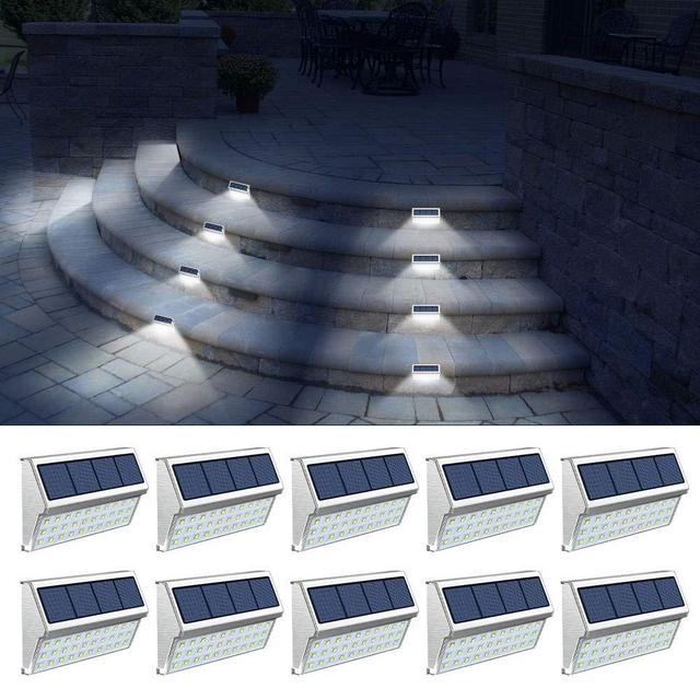 ROSHWEY Solar Deck Lights Outdoor 30 LED Stainless Steel Step Lamps Waterproof Security Lights for Stairs Fence Pathway Wall Save Electricity and Money (Pack of 10, Cool White Light)