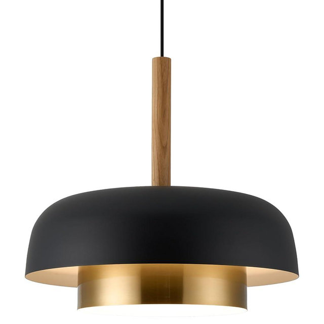 Mid Century Large Pendant Lighting,18.8 inch,Double-Layer,Real Wood Accent,Black and Gold Modern Chandelier for Dining Room,Kitchen, Living Room